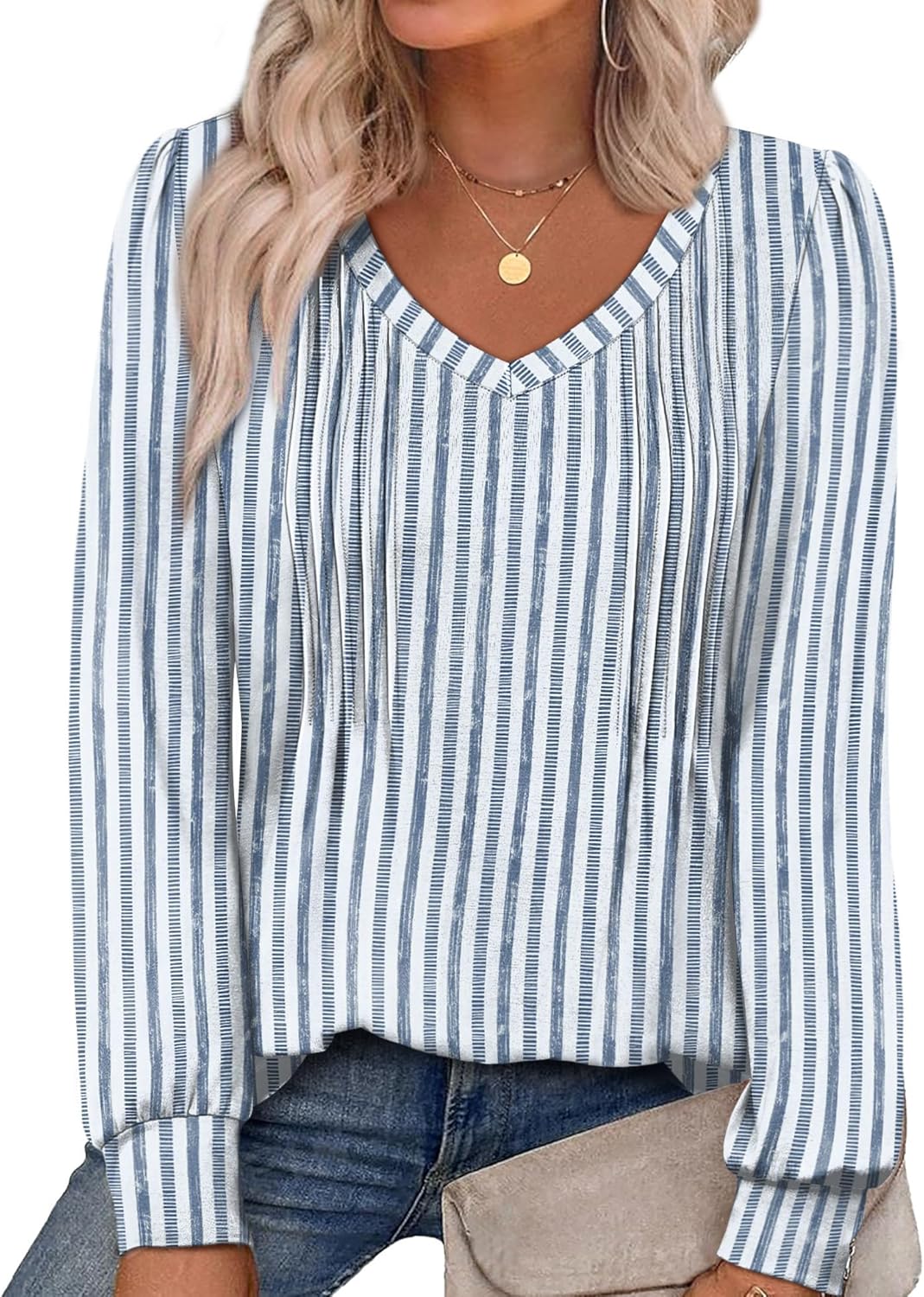 Alaroo Womens Long Sleeve Shirts Pleated V Neck Curved Hem Fall Winter Tunic Tops Blouses Print