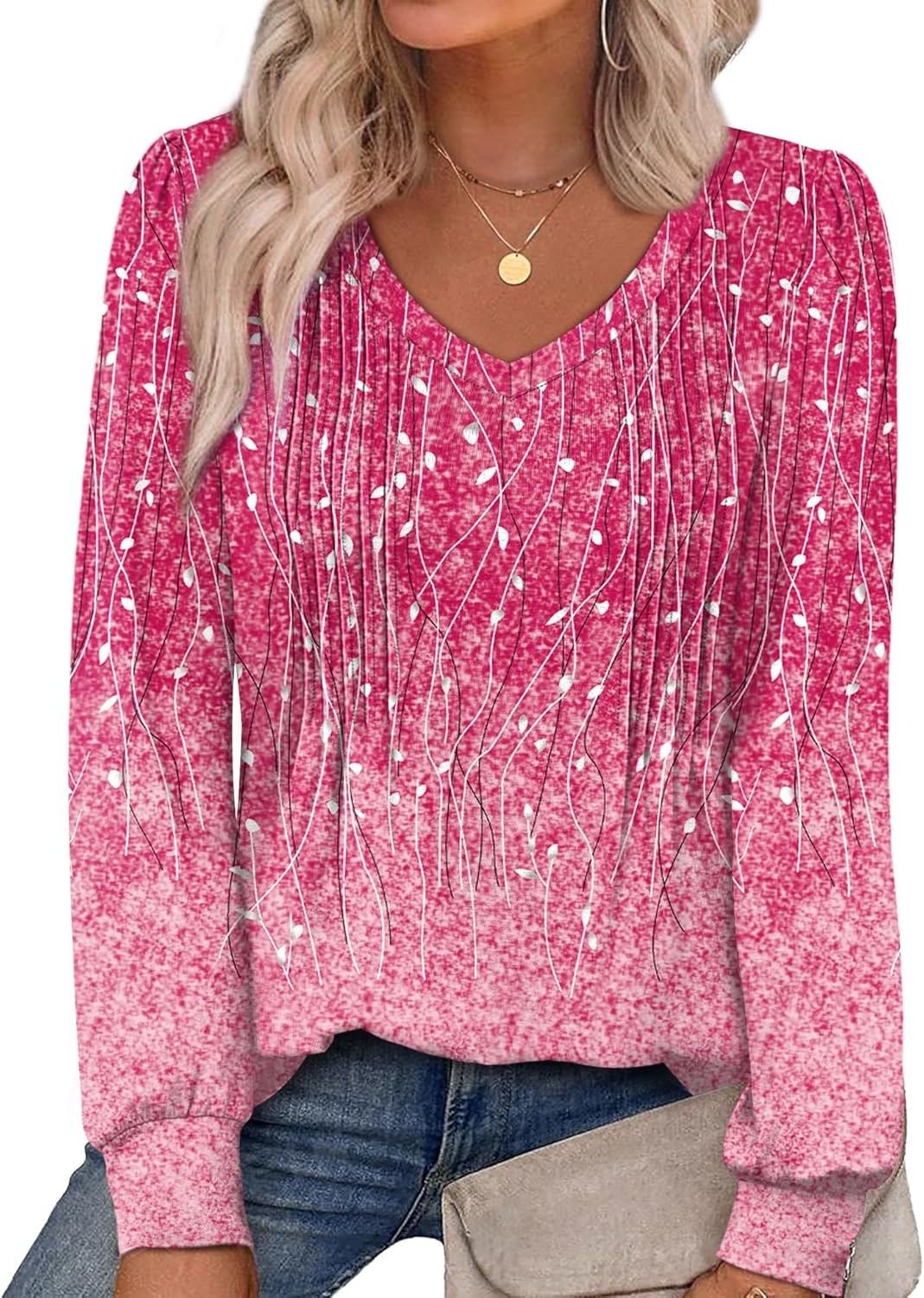 Alaroo Womens Long Sleeve Shirts Pleated V Neck Curved Hem Fall Winter Tunic Tops Blouses Print