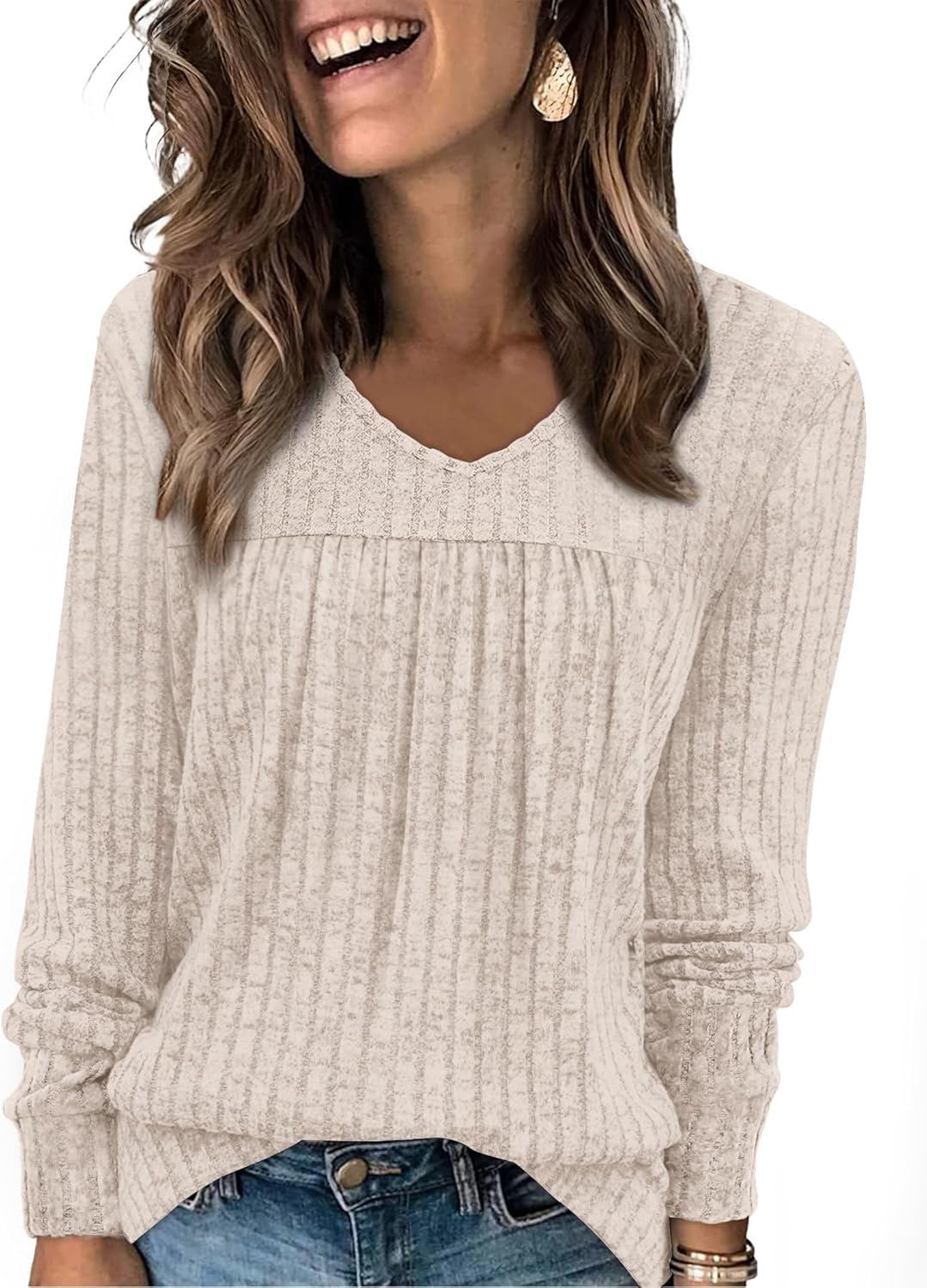 WIHOLL Long Sleeve Shirts for Women V Neck Lightweight Sweaters Casual Tunic Tops Outfits Fall Fashion Clothes 2025