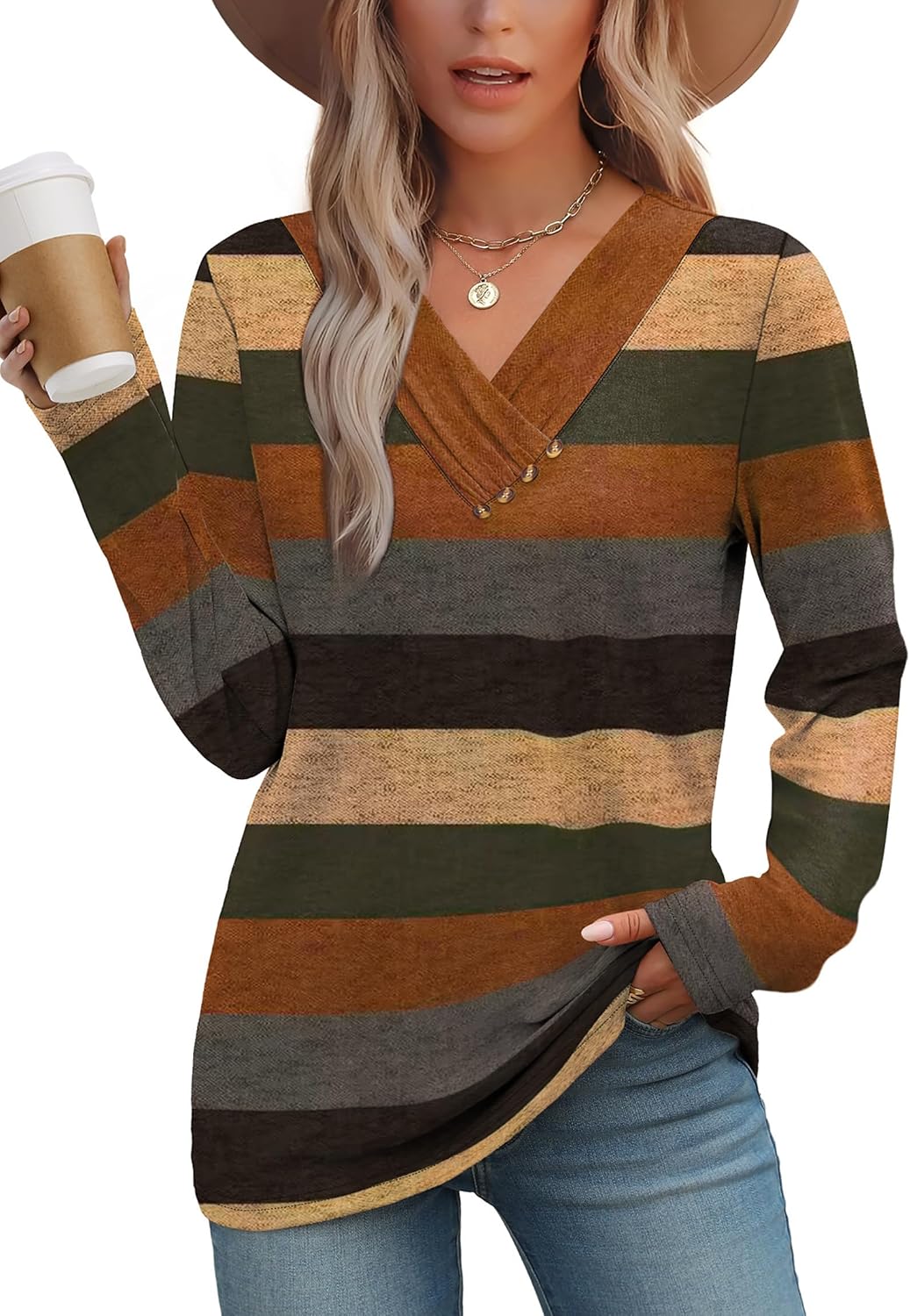 WIHOLL Long Sleeve Shirts for Women Fall Outfits V Neck T Shirts Button Down Tunic Tops Fashion Clothing