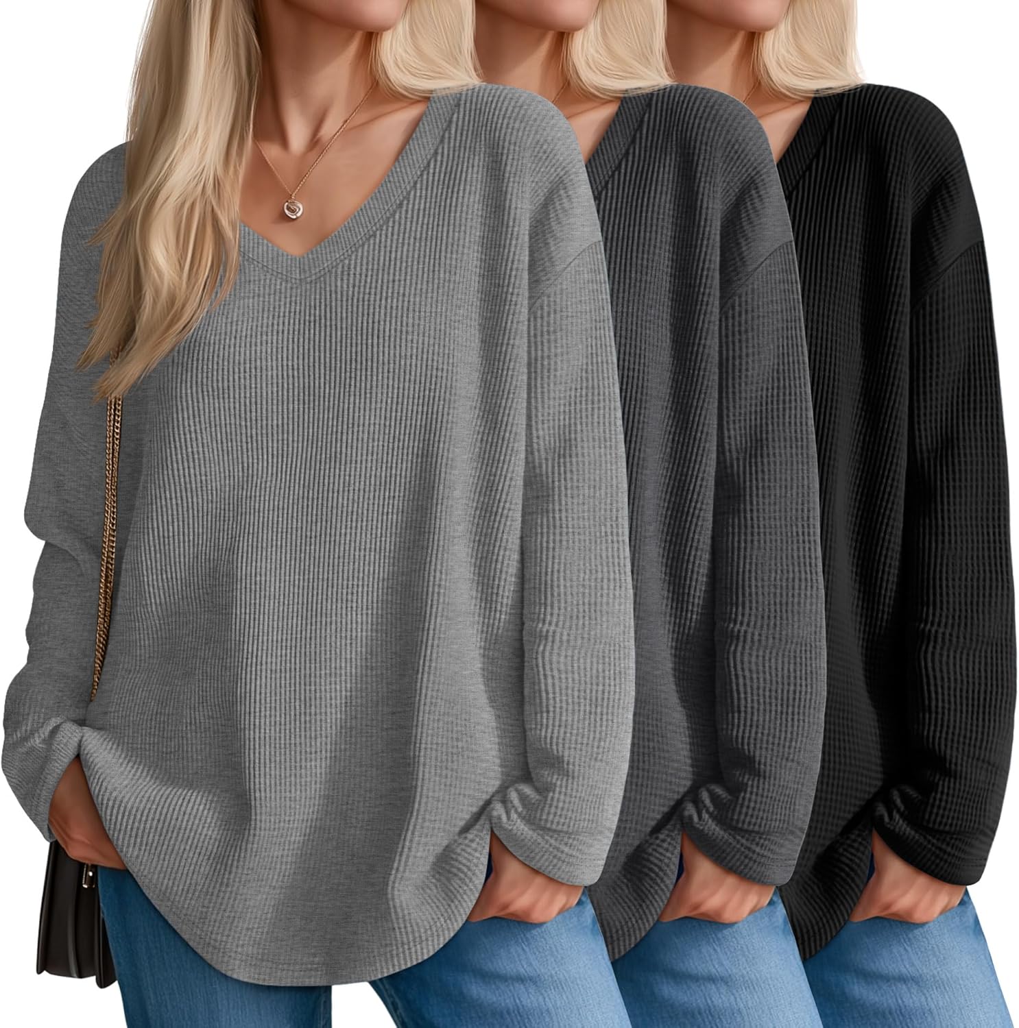Velvelhall 3 Pack Women's Oversized Waffle Knit Shirts, V Neck Long Sleeve Top Fall Casual Sweatshirt for Women