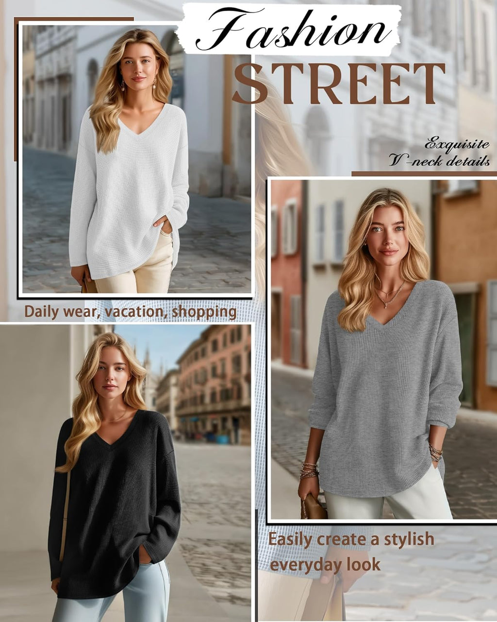 Velvelhall 3 Pack Women's Oversized Waffle Knit Shirts, V Neck Long Sleeve Top Fall Casual Sweatshirt for Women