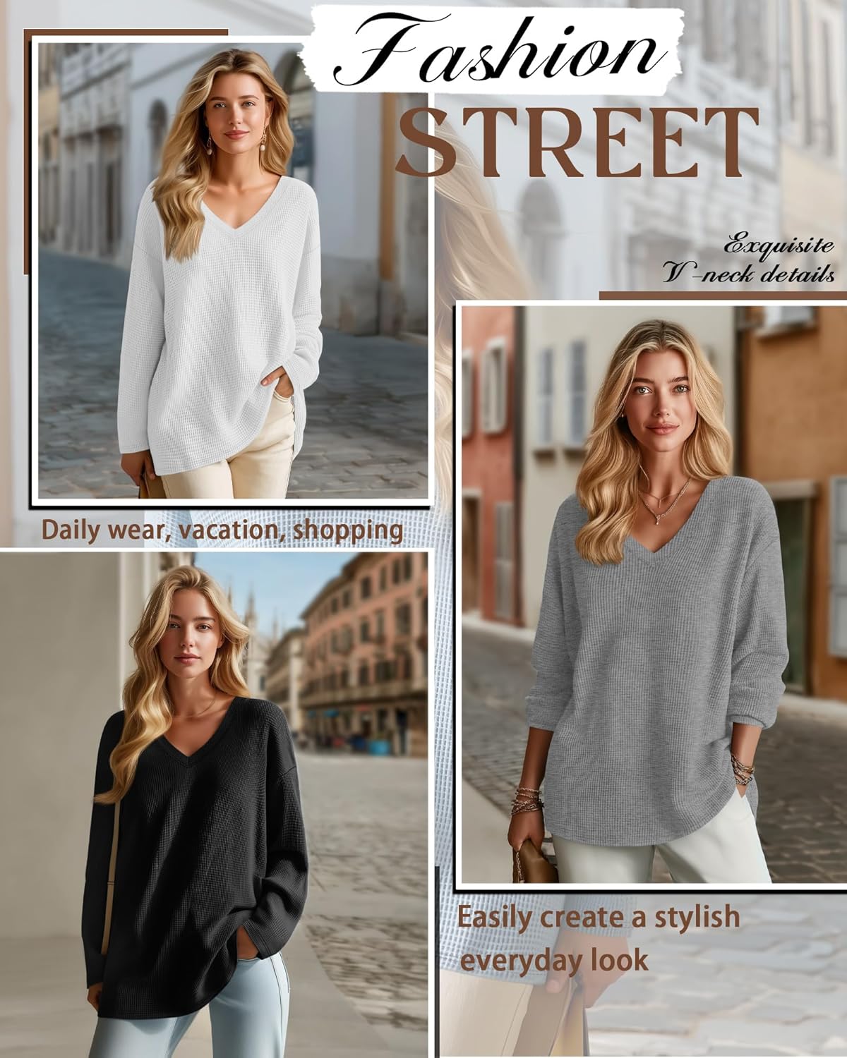 Velvelhall 3 Pack Women's Oversized Waffle Knit Shirts, V Neck Long Sleeve Top Fall Casual Sweatshirt for Women