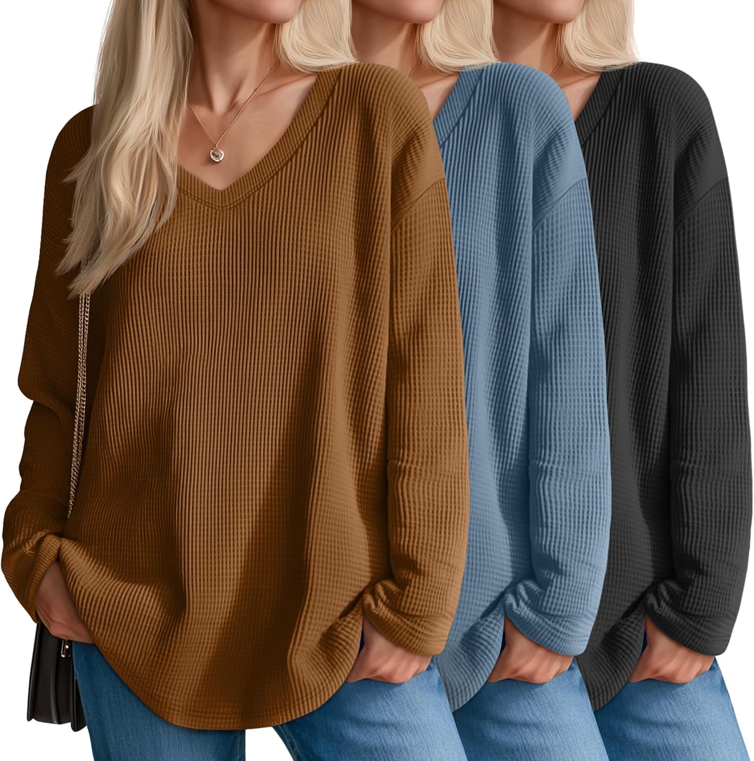 Velvelhall 3 Pack Women's Oversized Waffle Knit Shirts, V Neck Long Sleeve Top Fall Casual Sweatshirt for Women