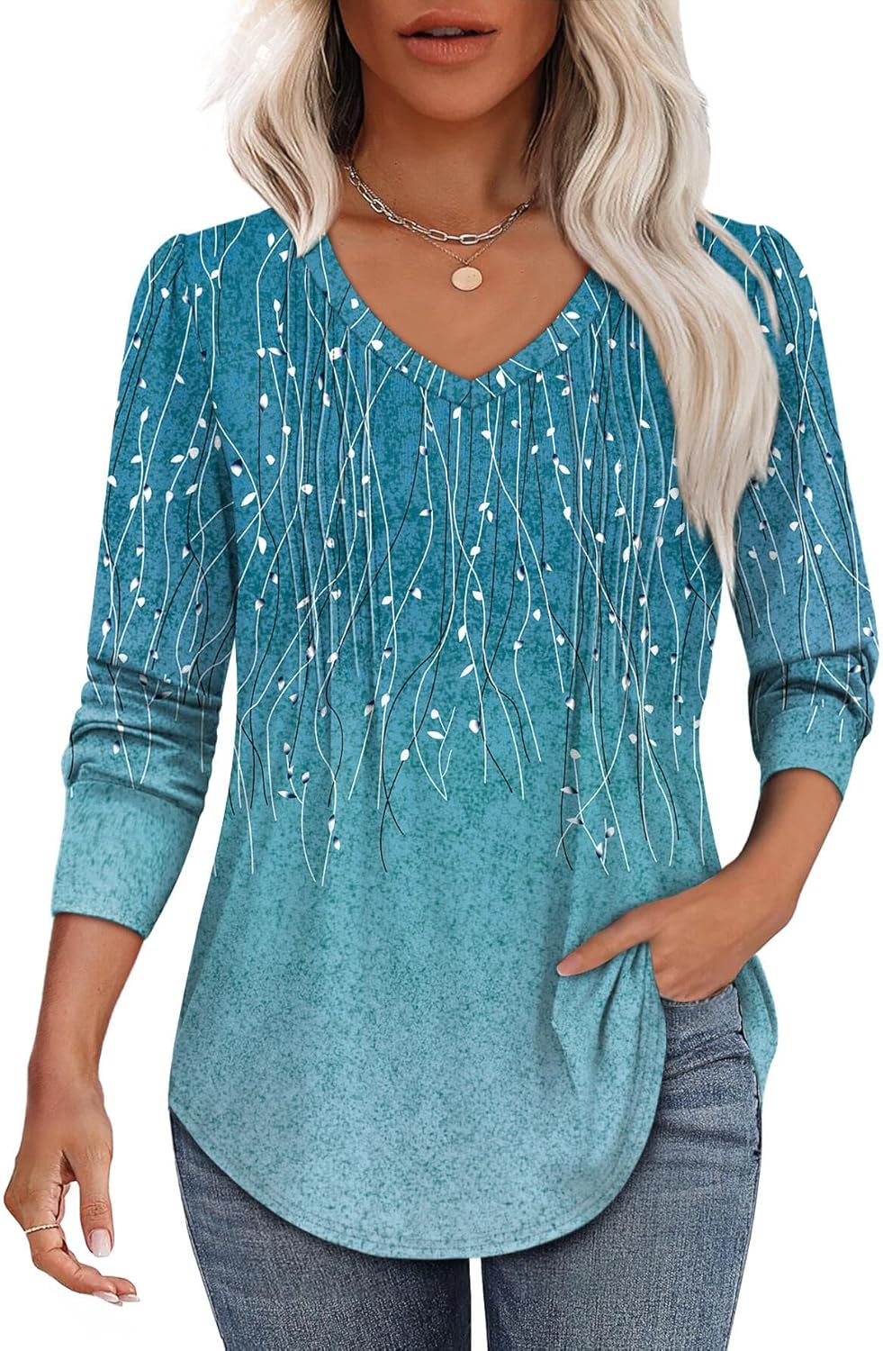 Alaroo Womens Long Sleeve Shirts Pleated V Neck Curved Hem Fall Winter Tunic Tops Blouses Print