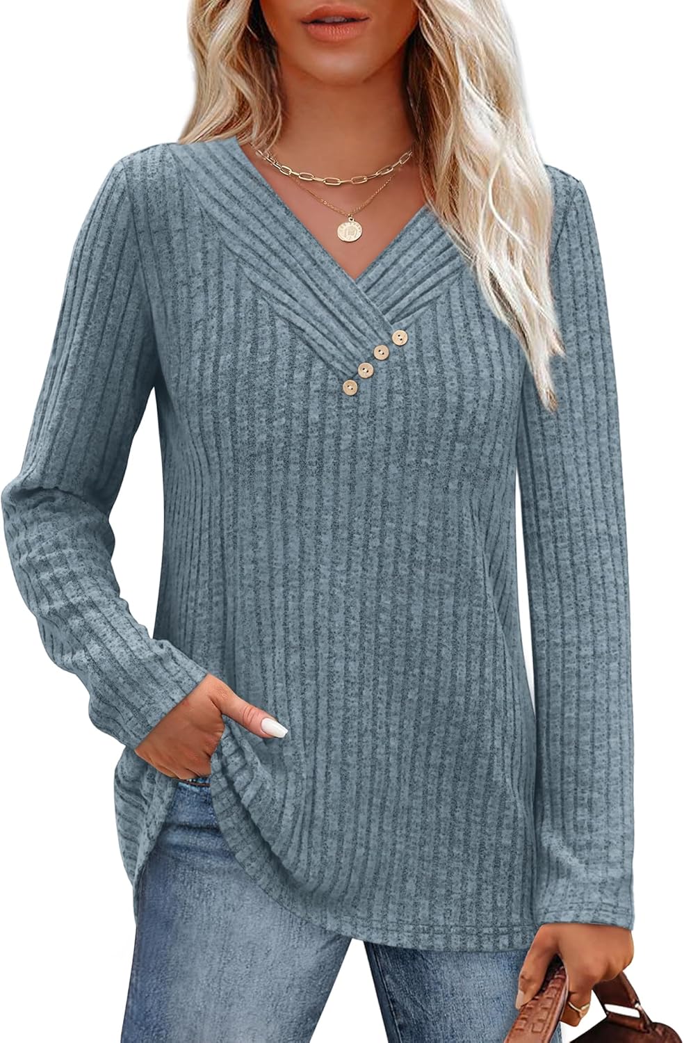SAMPEEL Sweaters for Women Long Sleeve Shirts V Neck Tops with Buttons Fall Fashion Outfits Winter Clothing 2025