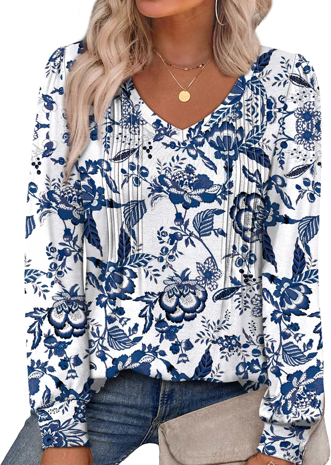 Alaroo Womens Long Sleeve Shirts Pleated V Neck Curved Hem Fall Winter Tunic Tops Blouses Print