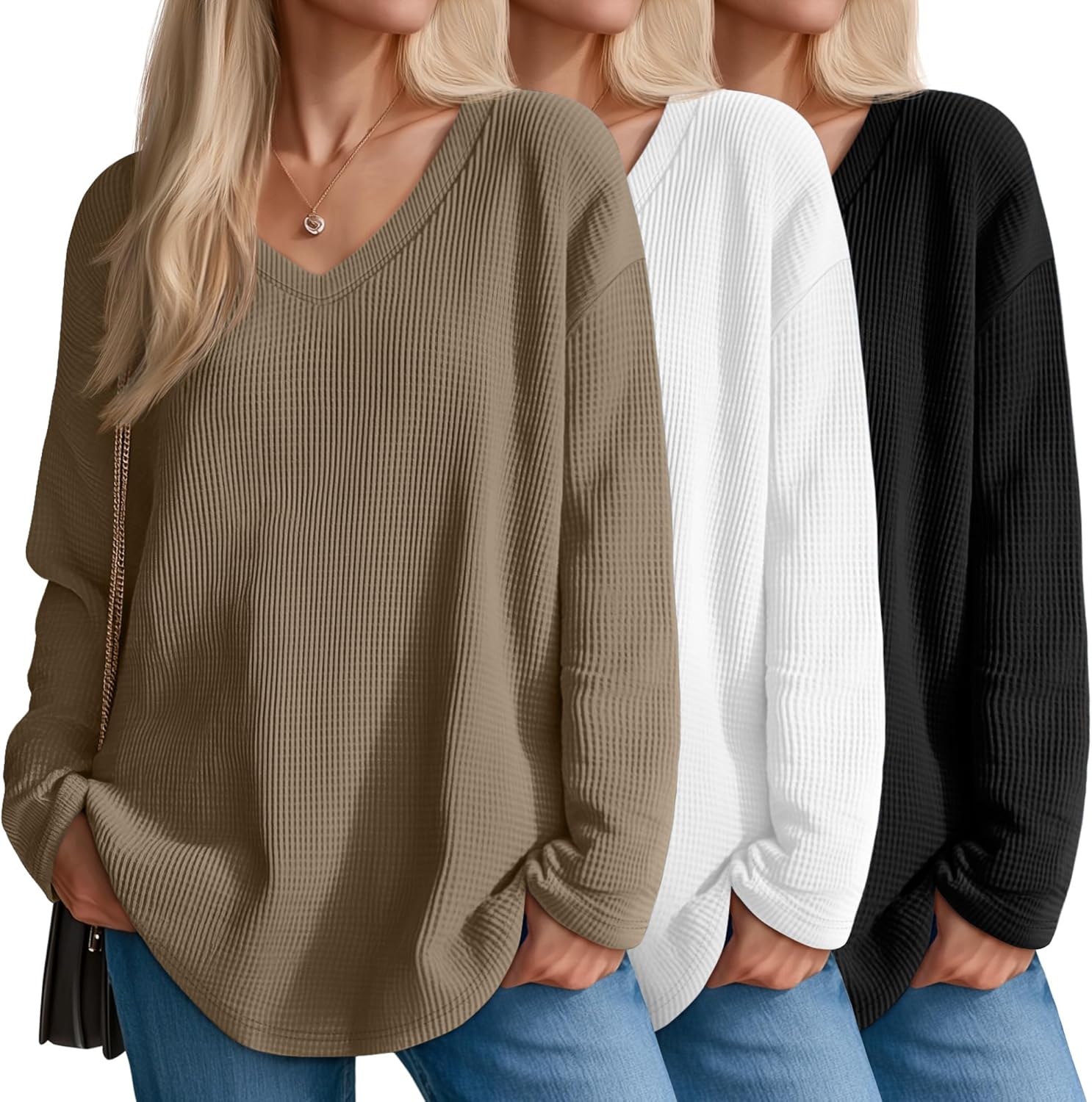 Velvelhall 3 Pack Women's Oversized Waffle Knit Shirts, V Neck Long Sleeve Top Fall Casual Sweatshirt for Women