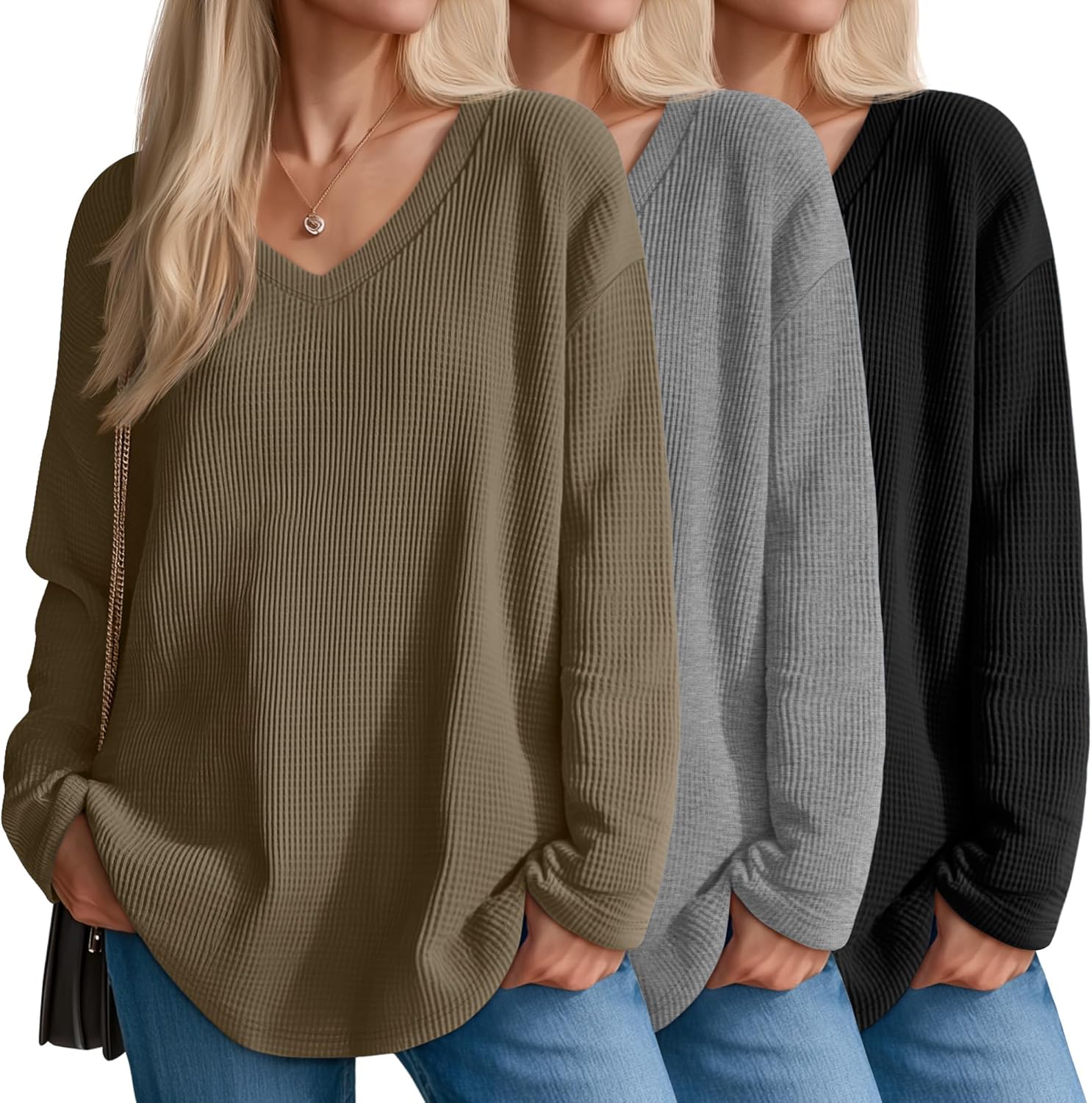 Velvelhall 3 Pack Women's Oversized Waffle Knit Shirts, V Neck Long Sleeve Top Fall Casual Sweatshirt for Women