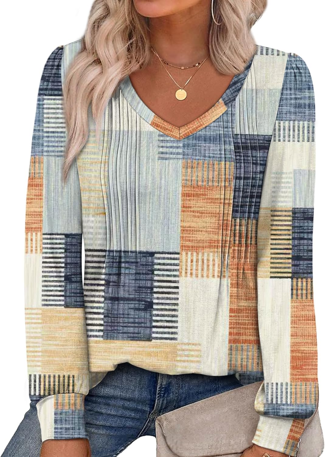 Alaroo Womens Long Sleeve Shirts Pleated V Neck Curved Hem Fall Winter Tunic Tops Blouses Print