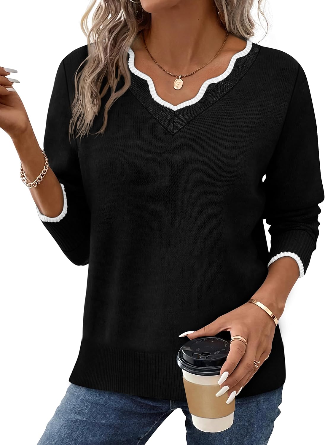 OFEEFAN Womens V Neck Sweaters Pullover Cozy Lightweight Sweaters Long Sleeve Tops Fall Outfits 2025