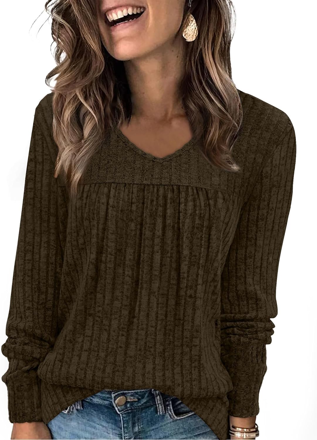 WIHOLL Long Sleeve Shirts for Women V Neck Lightweight Sweaters Casual Tunic Tops Outfits Fall Fashion Clothes 2025