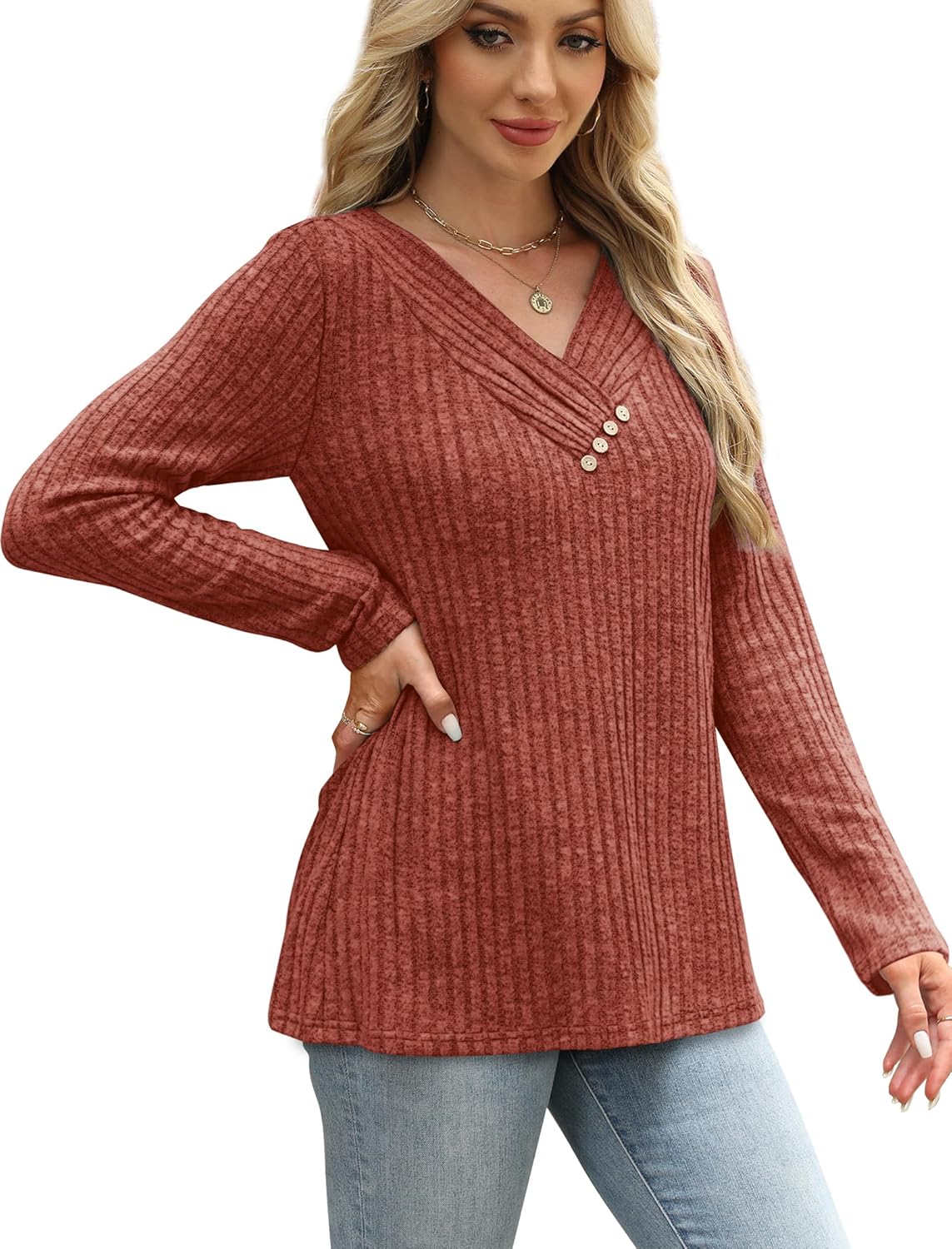 SAMPEEL Sweaters for Women Long Sleeve Shirts V Neck Tops with Buttons Fall Fashion Outfits Winter Clothing 2025