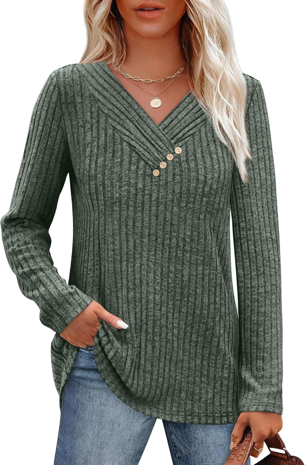 SAMPEEL Sweaters for Women Long Sleeve Shirts V Neck Tops with Buttons Fall Fashion Outfits Winter Clothing 2025