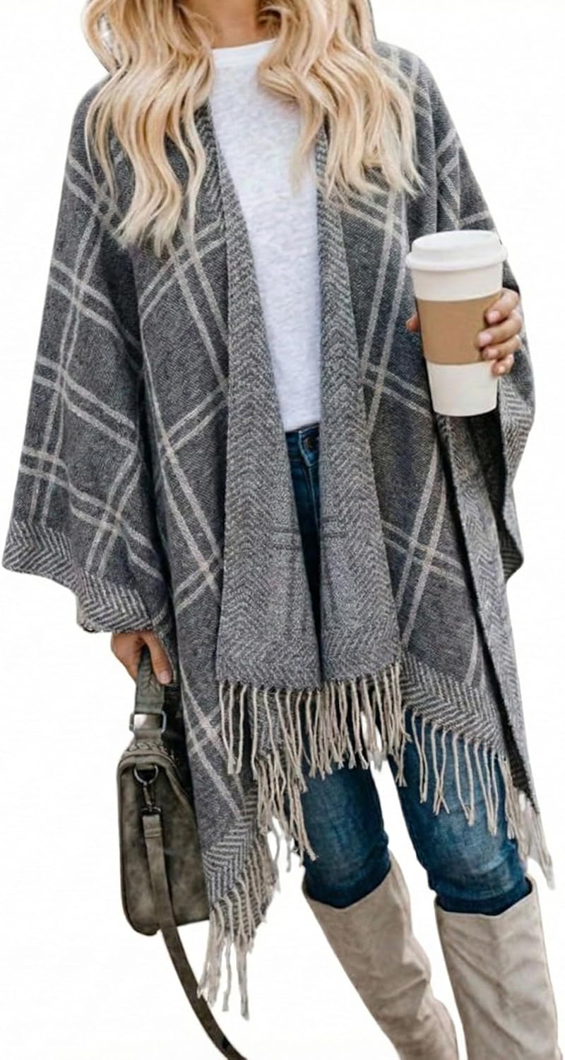 Bestshe Women's Boho Open Front Poncho Knitted Plaid Shawl Wrap Cape Tassel Cardigan Sweater