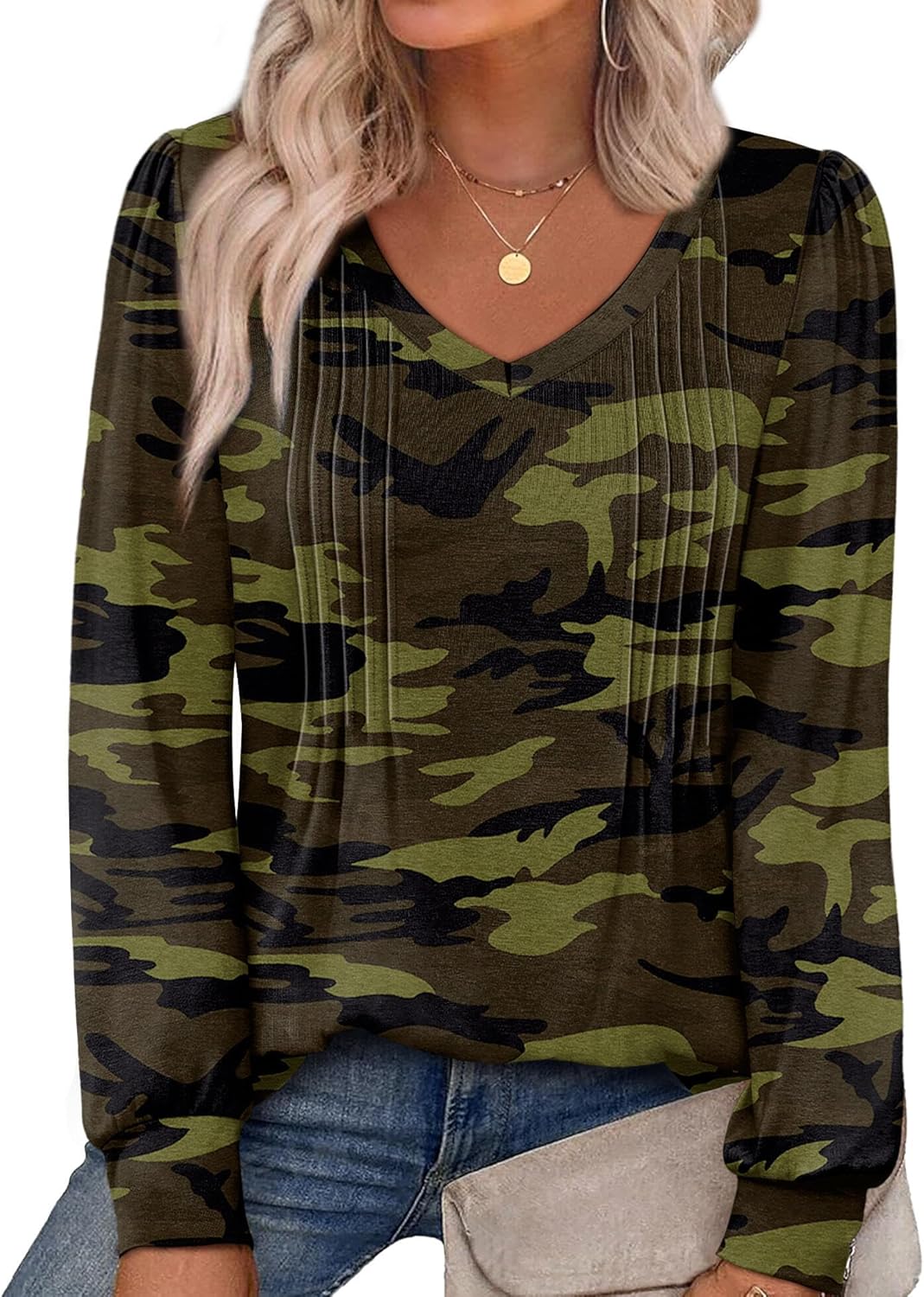 Alaroo Womens Long Sleeve Shirts Pleated V Neck Curved Hem Fall Winter Tunic Tops Blouses Print