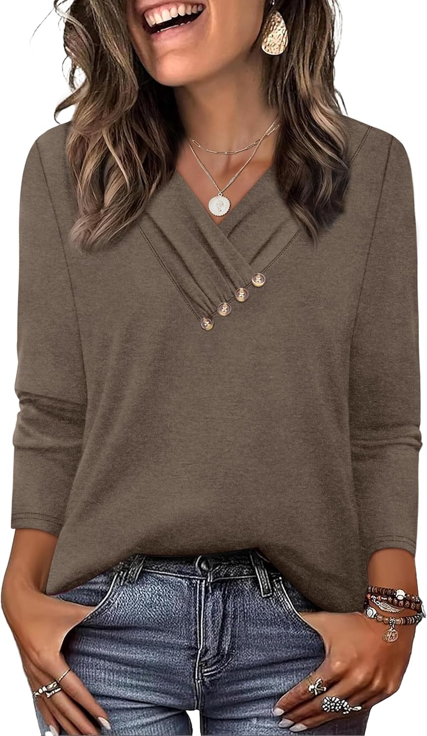 WIHOLL Long Sleeve Shirts for Women Fall Outfits V Neck T Shirts Button Down Tunic Tops Fashion Clothing