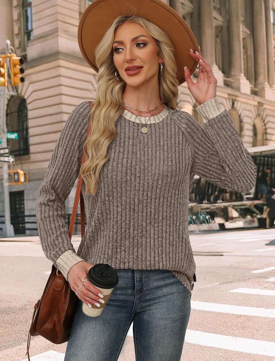 WIHOLL Long Sleeve Shirts for Women Lightweight Sweaters Fall Outfits 2025 Color Block Winter Clothing Dressy Casual Soft