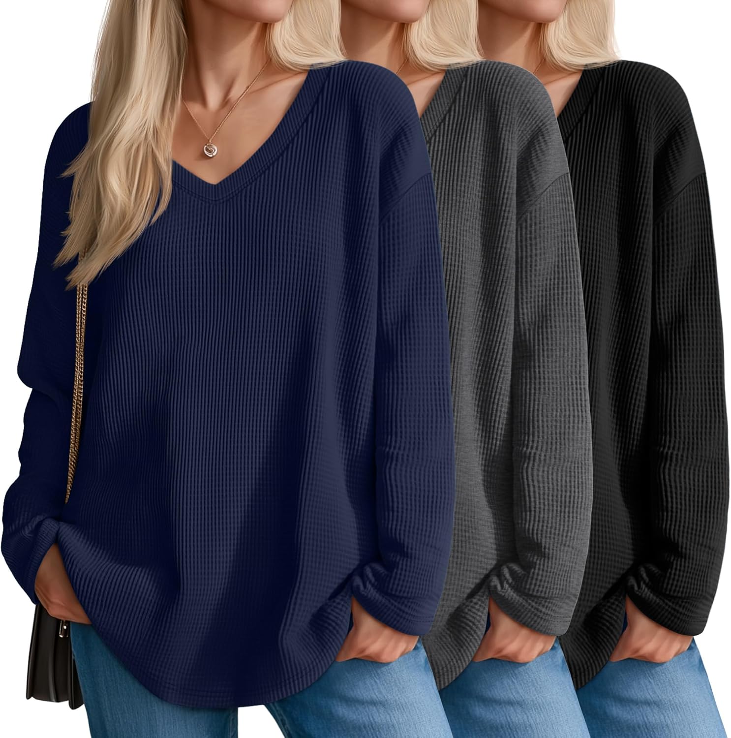 Velvelhall 3 Pack Women's Oversized Waffle Knit Shirts, V Neck Long Sleeve Top Fall Casual Sweatshirt for Women