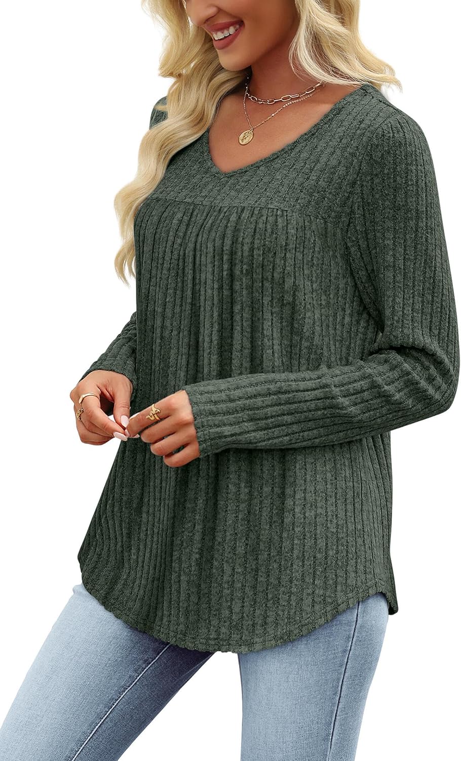 WIHOLL Long Sleeve Shirts for Women V Neck Lightweight Sweaters Casual Tunic Tops Outfits Fall Fashion Clothes 2025