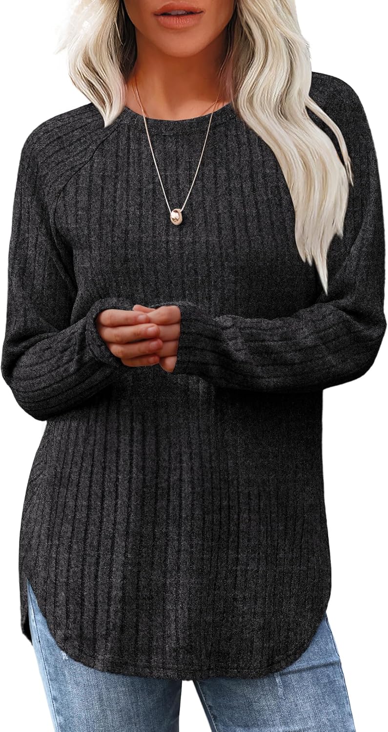 Saloogoe Long Sleeve Shirts for Women 2025 Fall Clothes Tunic Tops Loose Fit Dressy Crewneck Pullover Sweaters Curved Hem
