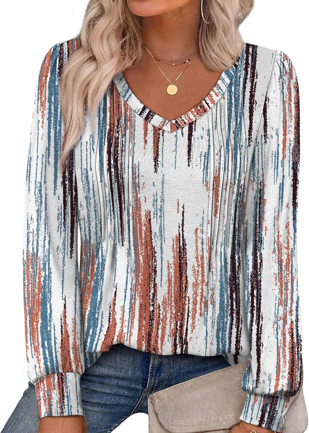 Alaroo Womens Long Sleeve Shirts Pleated V Neck Curved Hem Fall Winter Tunic Tops Blouses Print