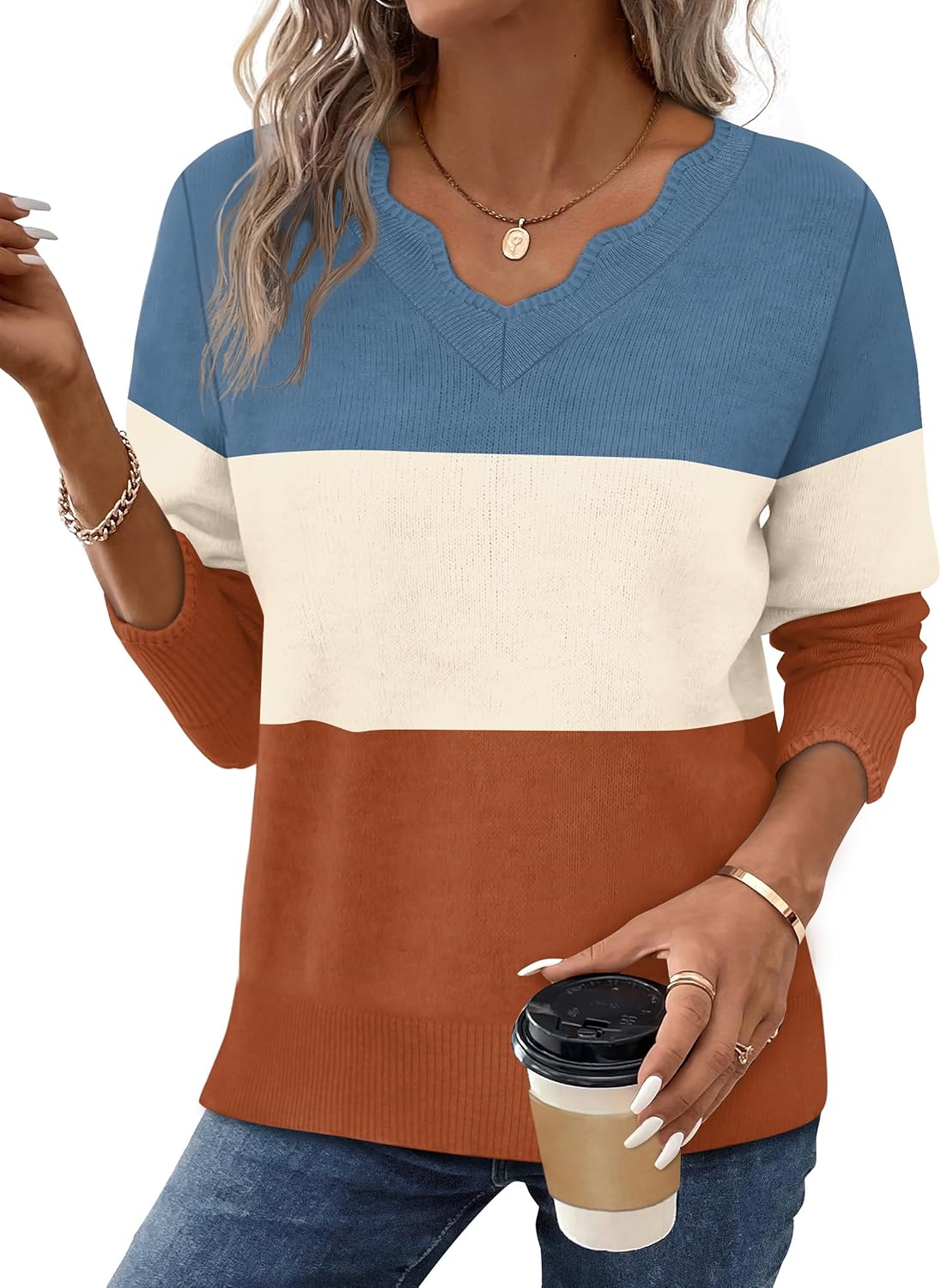 OFEEFAN Womens V Neck Sweaters Pullover Cozy Lightweight Sweaters Long Sleeve Tops Fall Outfits 2025