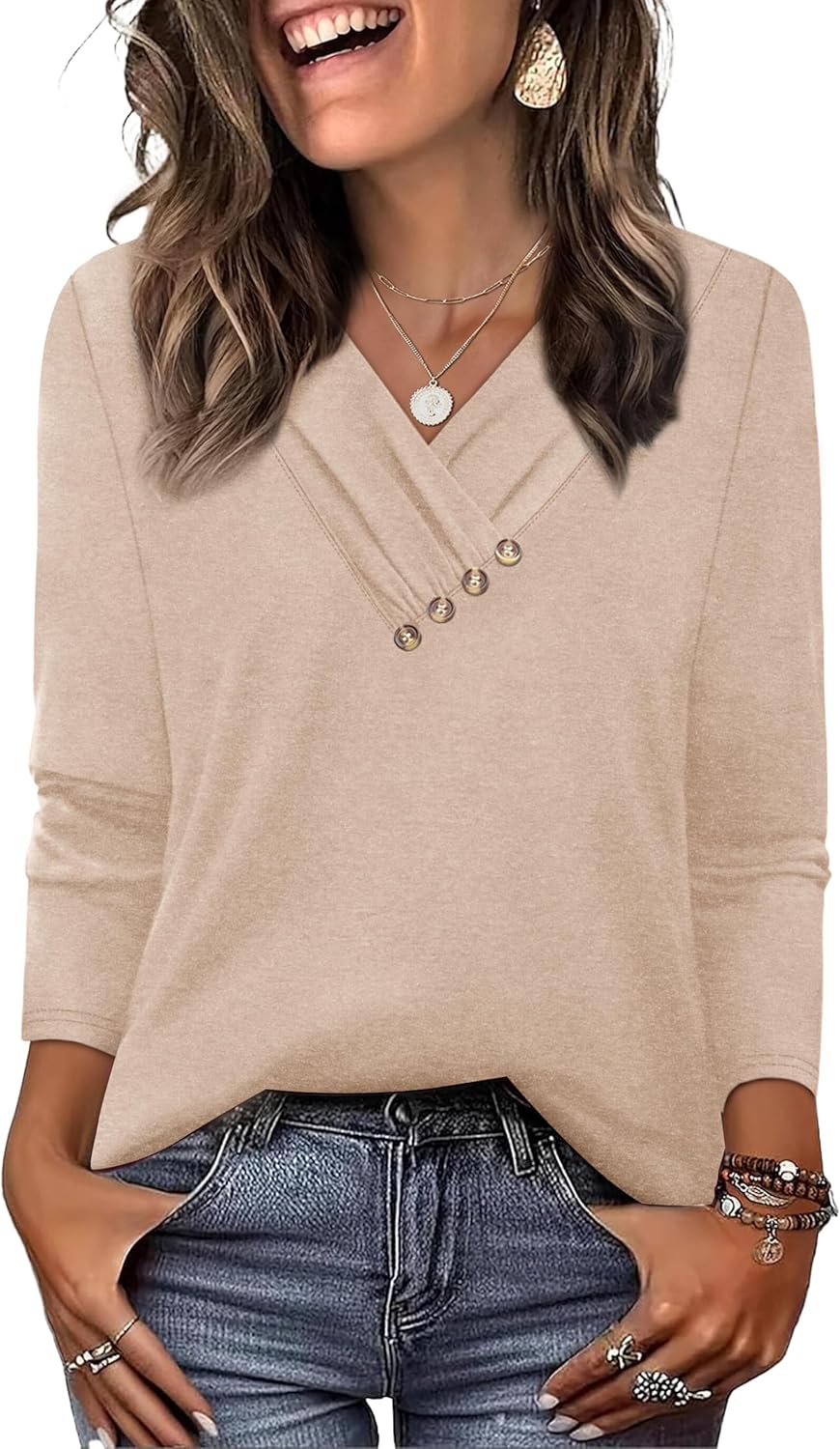 WIHOLL Long Sleeve Shirts for Women Fall Outfits V Neck T Shirts Button Down Tunic Tops Fashion Clothing