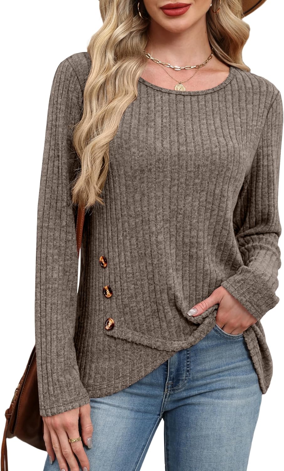 XIEERDUO Tunic Sweaters for Women Long Sleeve Shirts Crew Neck Tops with Buttons Fall Fashion Outfits Winter Clothing