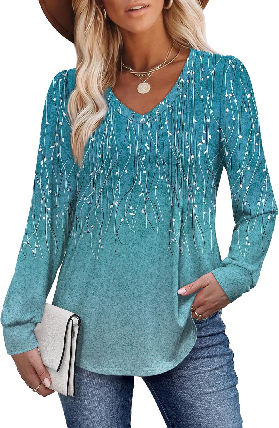 Alaroo Womens Long Sleeve Shirts Pleated V Neck Curved Hem Fall Winter Tunic Tops Blouses Print