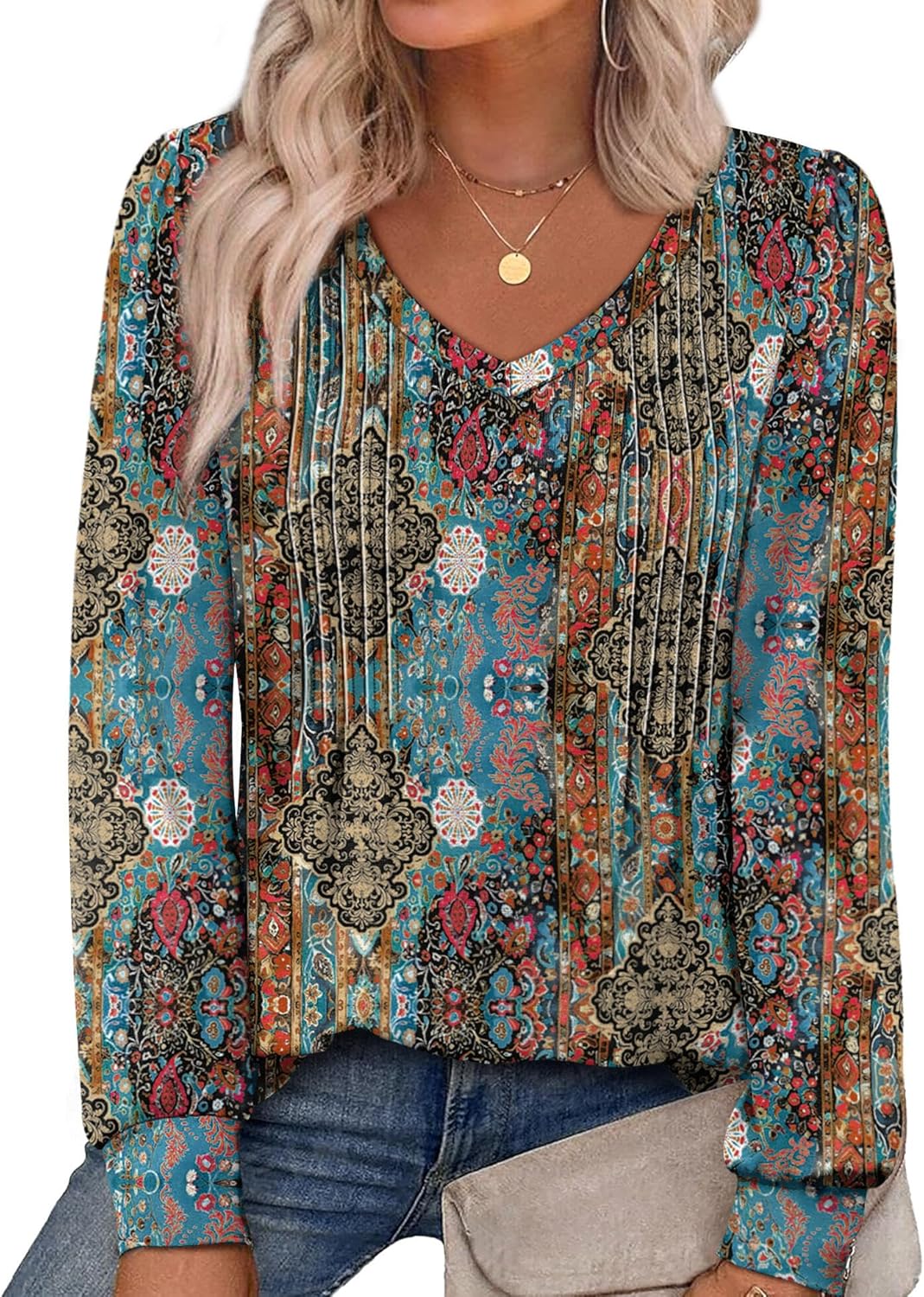 Alaroo Womens Long Sleeve Shirts Pleated V Neck Curved Hem Fall Winter Tunic Tops Blouses Print