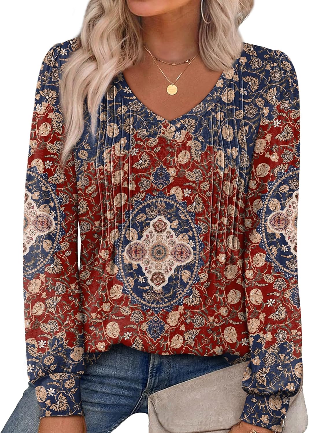 Alaroo Womens Long Sleeve Shirts Pleated V Neck Curved Hem Fall Winter Tunic Tops Blouses Print