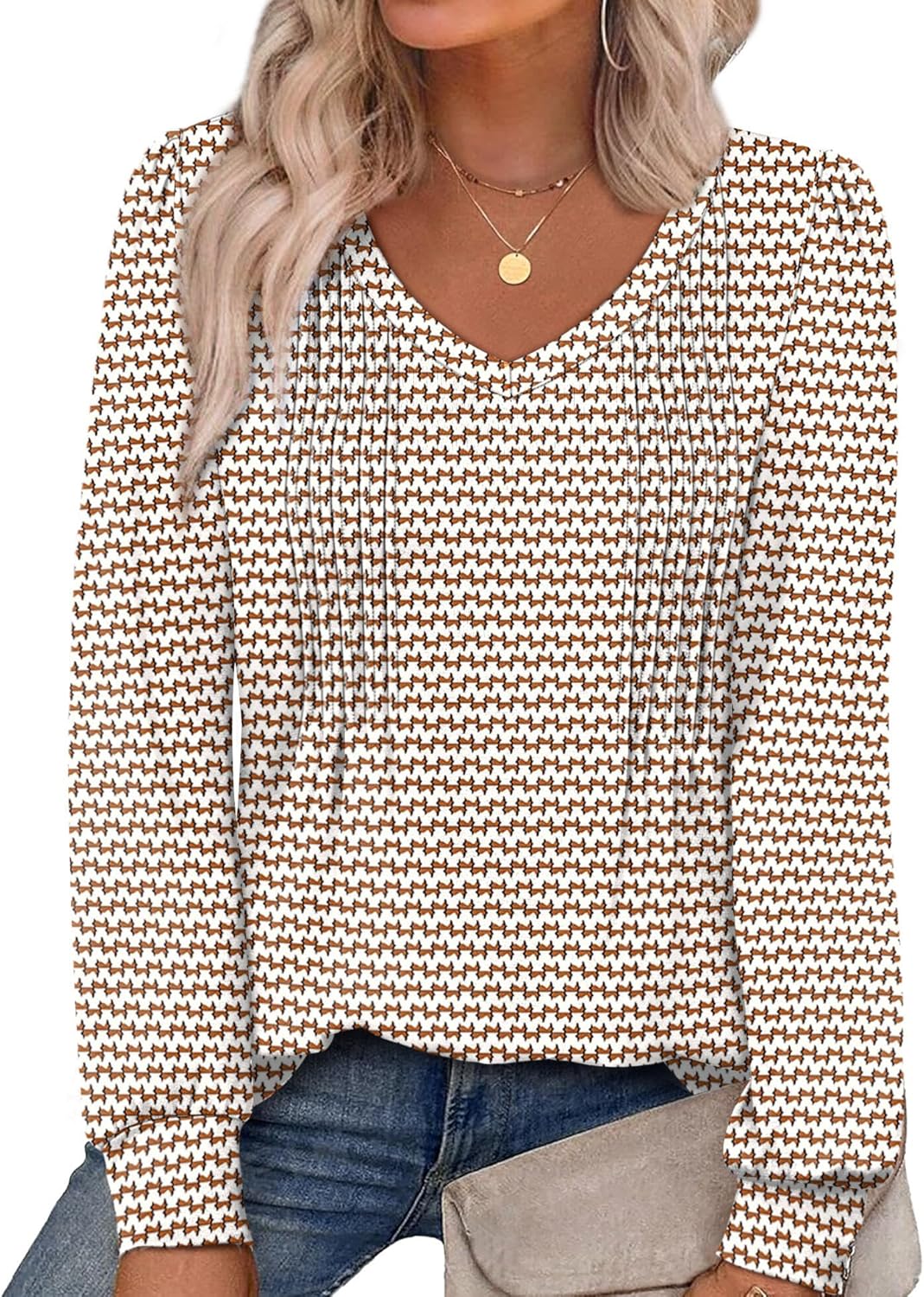 Alaroo Womens Long Sleeve Shirts Pleated V Neck Curved Hem Fall Winter Tunic Tops Blouses Print