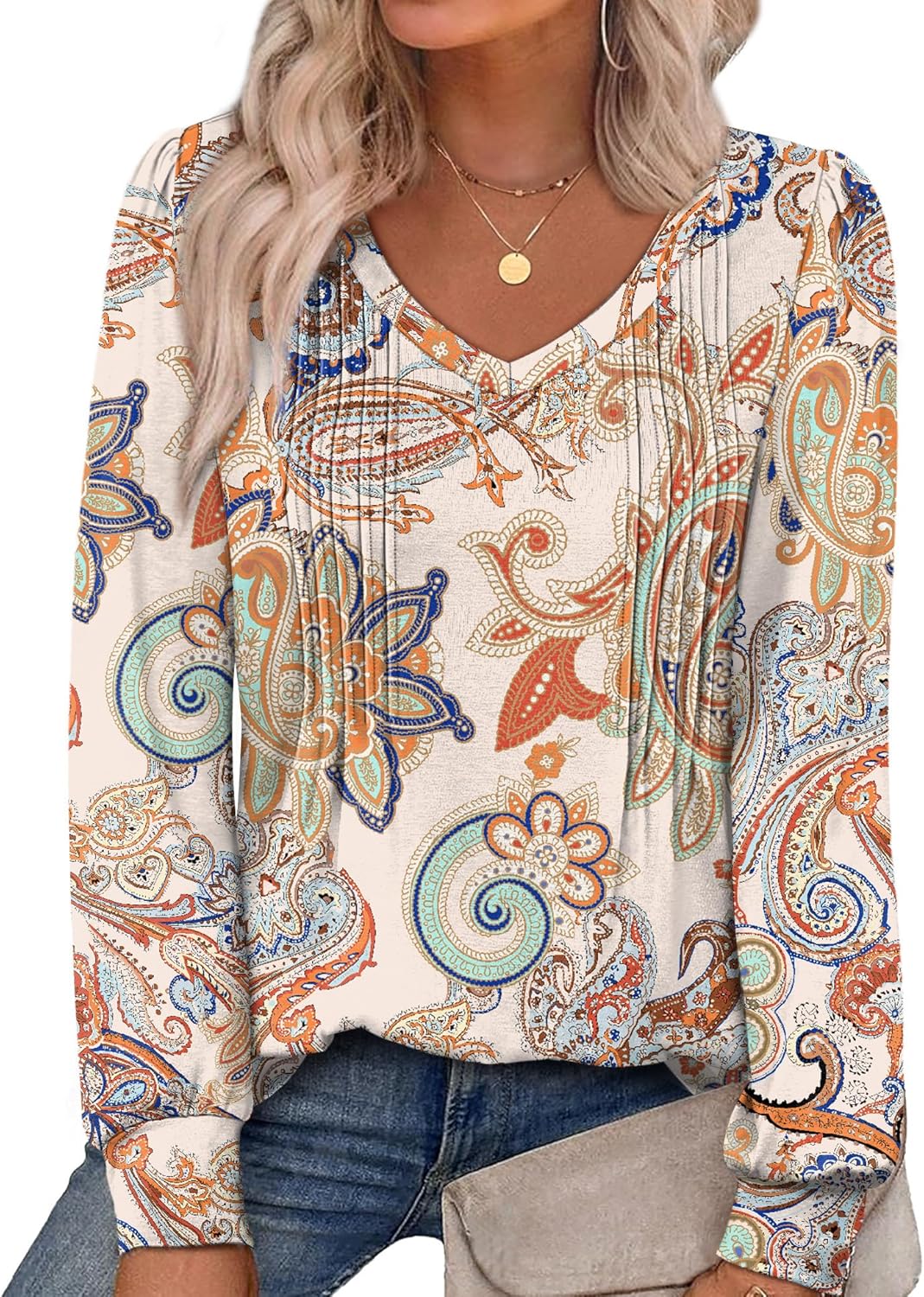 Alaroo Womens Long Sleeve Shirts Pleated V Neck Curved Hem Fall Winter Tunic Tops Blouses Print