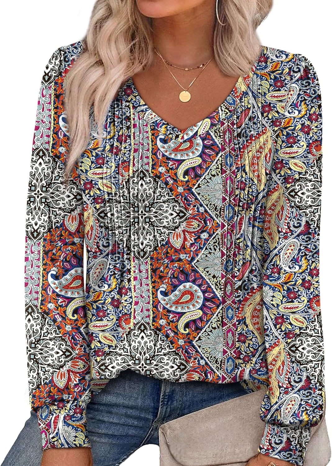 Alaroo Womens Long Sleeve Shirts Pleated V Neck Curved Hem Fall Winter Tunic Tops Blouses Print