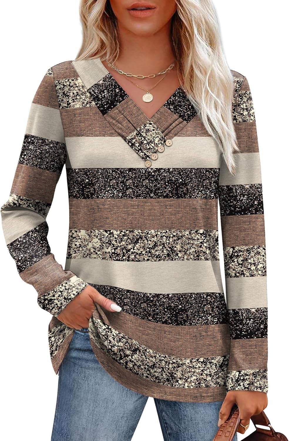 SAMPEEL Sweaters for Women Long Sleeve Shirts V Neck Tops with Buttons Fall Fashion Outfits Winter Clothing 2025