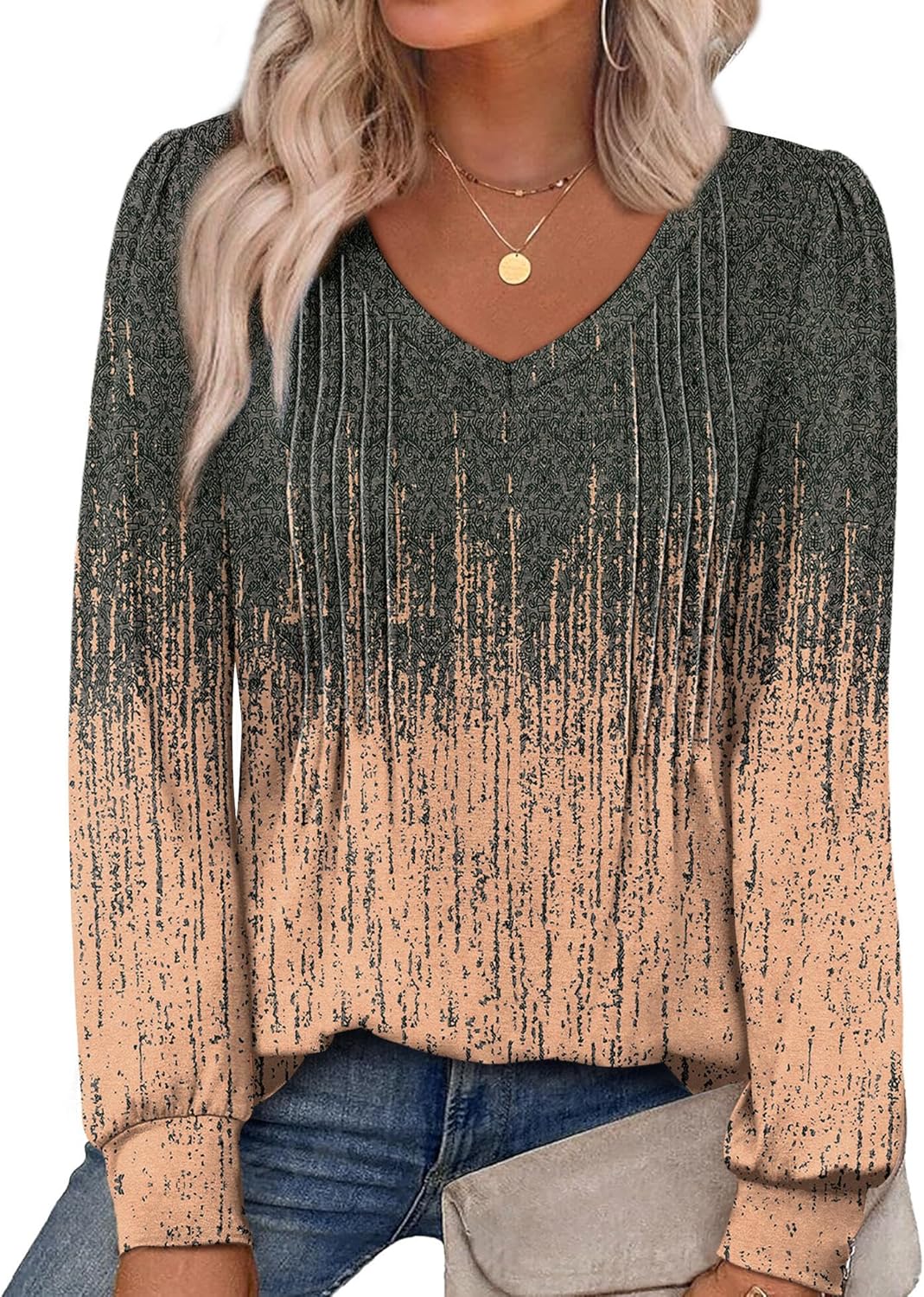 Alaroo Womens Long Sleeve Shirts Pleated V Neck Curved Hem Fall Winter Tunic Tops Blouses Print