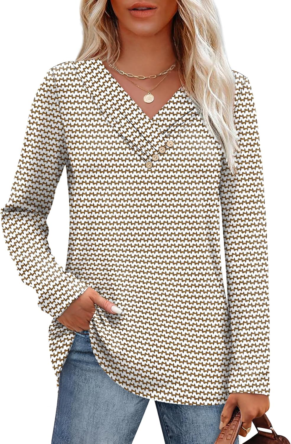 SAMPEEL Sweaters for Women Long Sleeve Shirts V Neck Tops with Buttons Fall Fashion Outfits Winter Clothing 2025