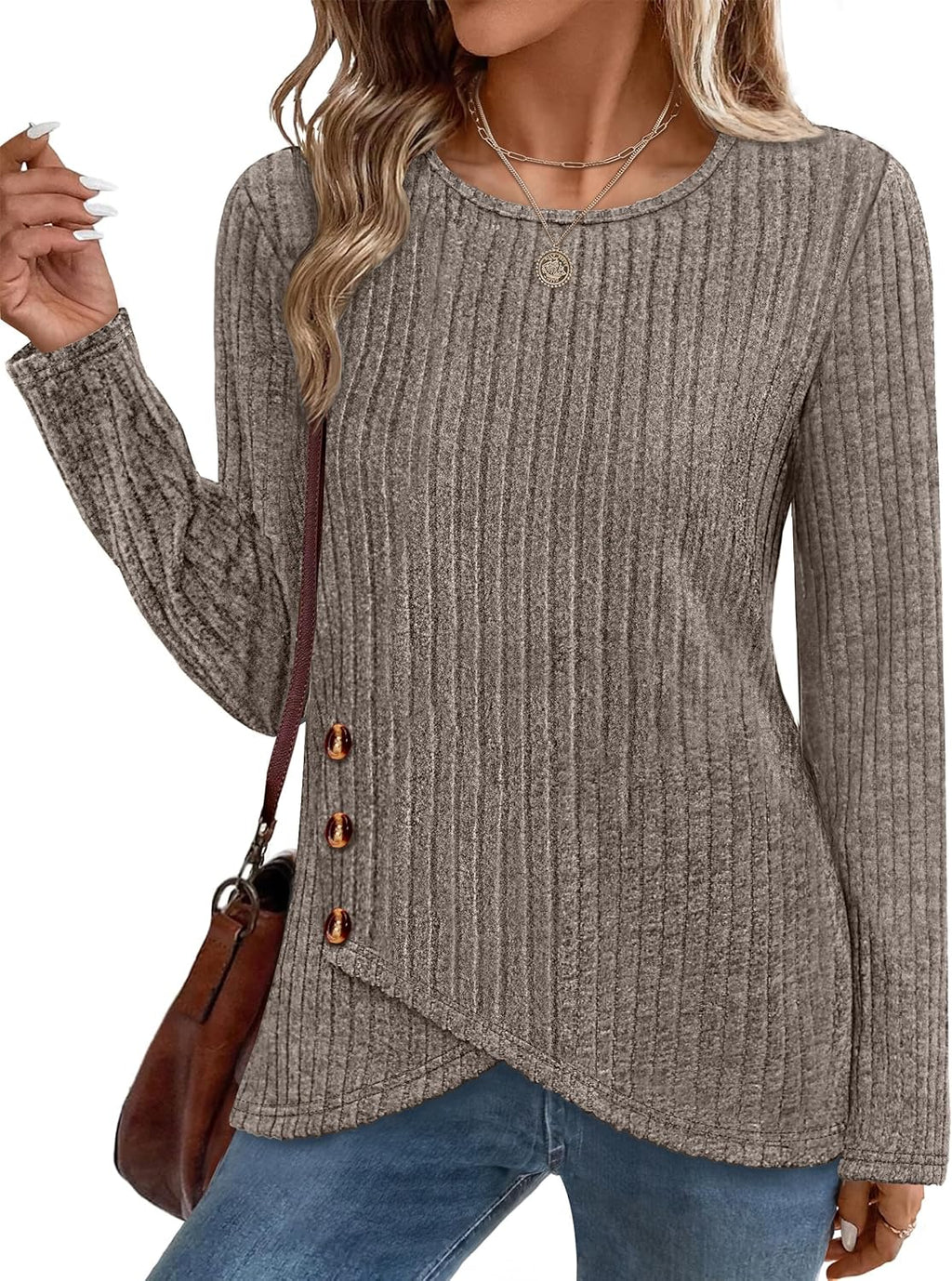 XIEERDUO Tunic Sweaters for Women Long Sleeve Shirts Crew Neck Tops with Buttons Fall Fashion Outfits Winter Clothing