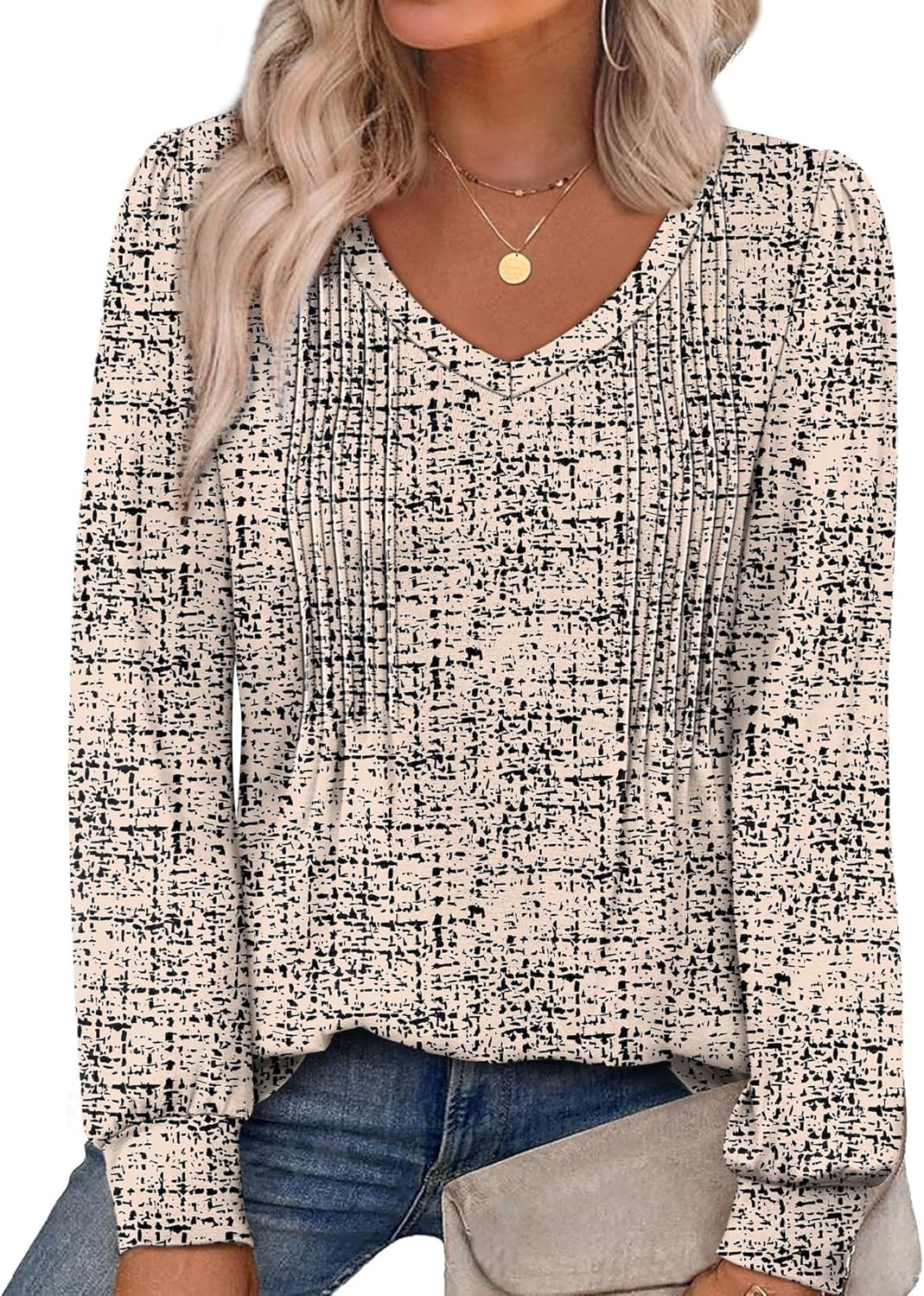 Alaroo Womens Long Sleeve Shirts Pleated V Neck Curved Hem Fall Winter Tunic Tops Blouses Print