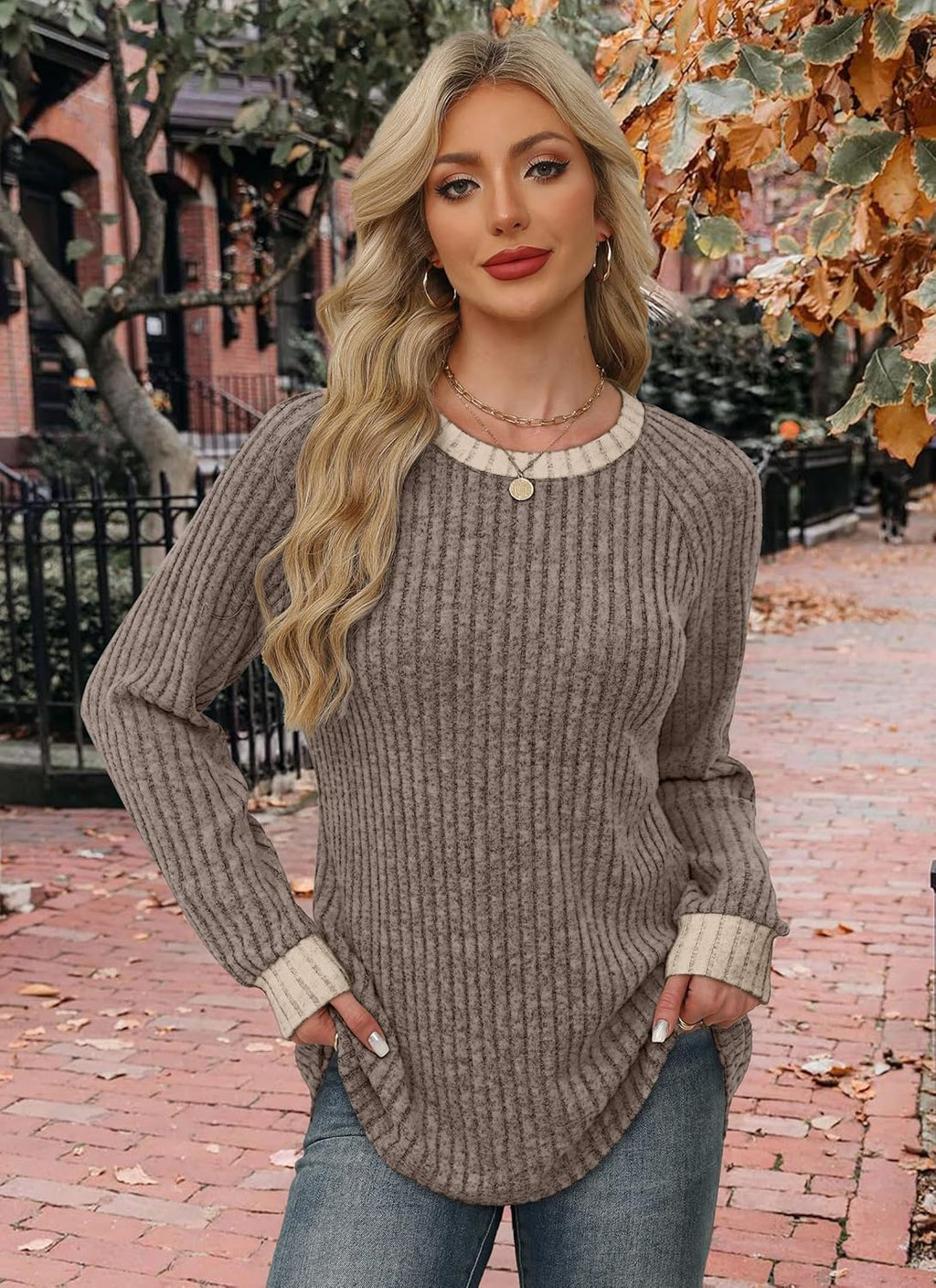 WIHOLL Long Sleeve Shirts for Women Lightweight Sweaters Fall Outfits 2025 Color Block Winter Clothing Dressy Casual Soft