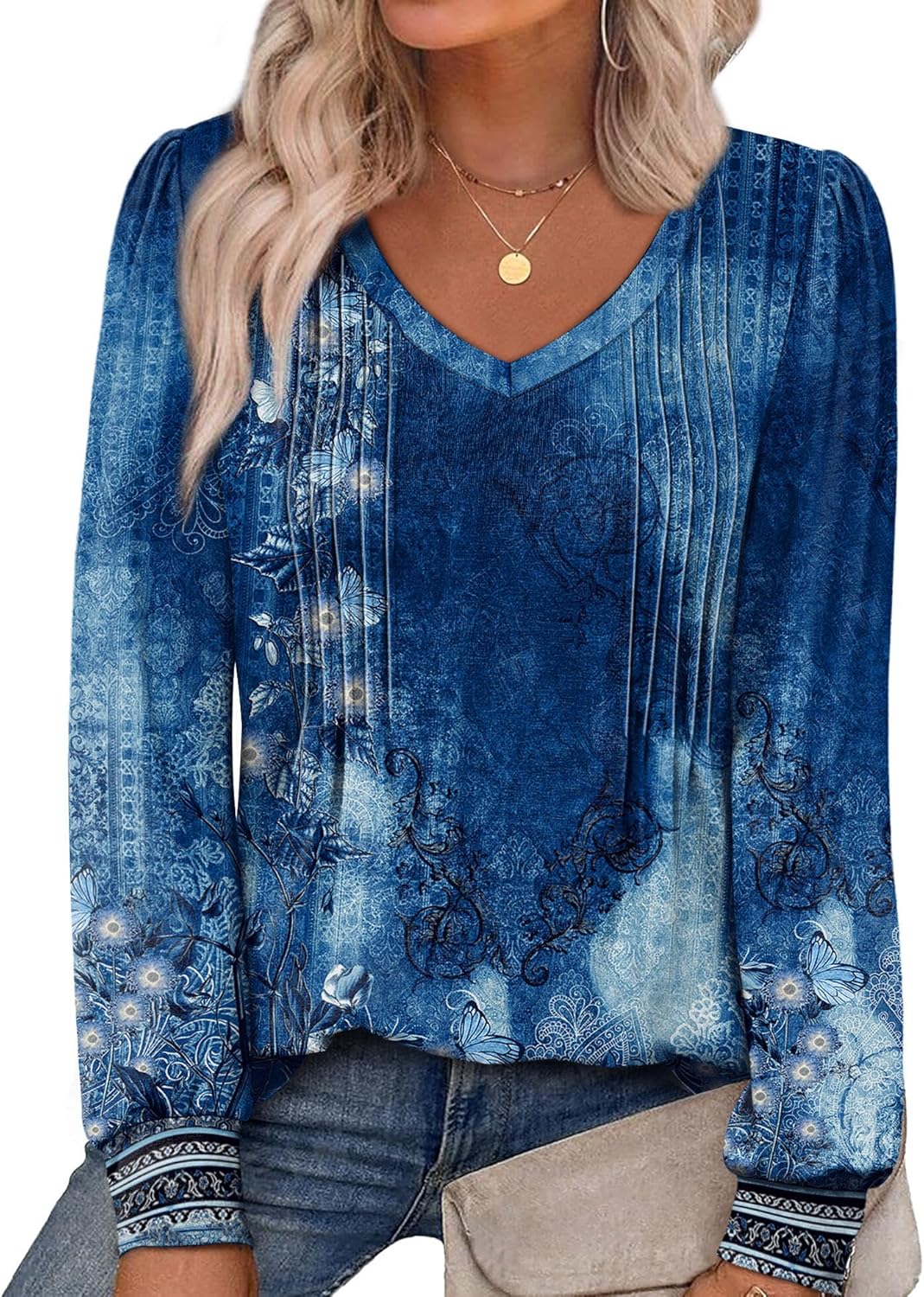 Alaroo Womens Long Sleeve Shirts Pleated V Neck Curved Hem Fall Winter Tunic Tops Blouses Print